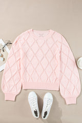 Gossamer Pink Openwork Plaid Puff Sleeve Cropped Sweater Sweaters JT's Designer Fashion