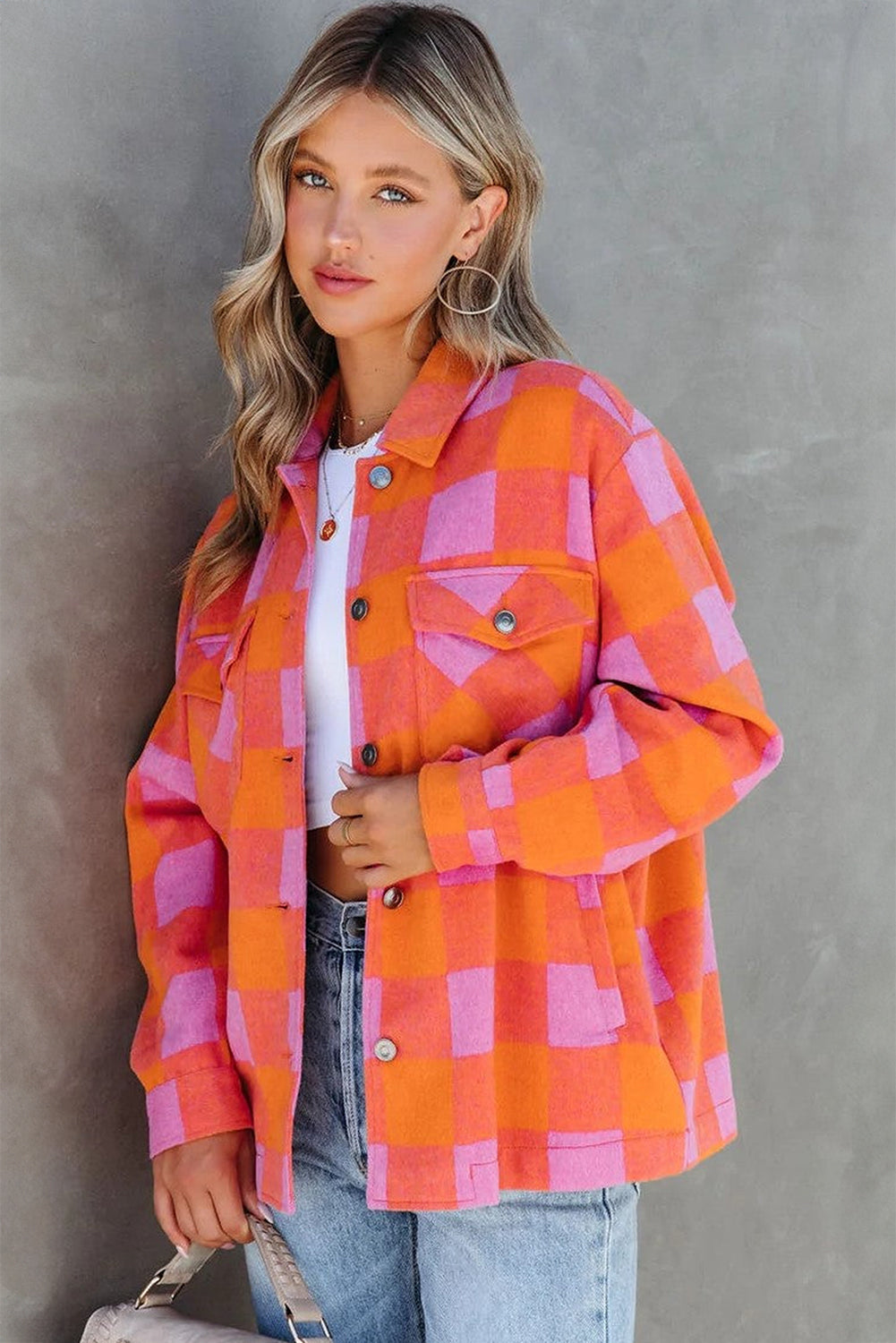 Orange Plaid Chest Pockets Button-up Turn Down Collar Jacket Jackets JT's Designer Fashion