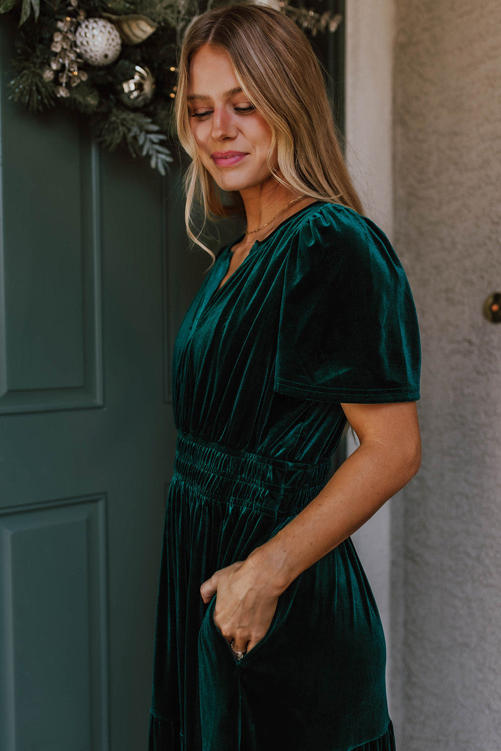 Evergreen Velvet Short Sleeve Shirred Waist Tiered Long Dress Maxi Dresses JT's Designer Fashion