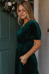 Evergreen Velvet Short Sleeve Shirred Waist Tiered Long Dress Maxi Dresses JT's Designer Fashion