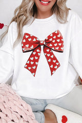 White Heart Bow Printed Round Neck Valentines Pullover Sweatshirt Graphic Sweatshirts JT's Designer Fashion