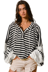 Black white Oversized Striped Henley Buttons Dolman Sleeve Hooded Top Long Sleeve Tops JT's Designer Fashion