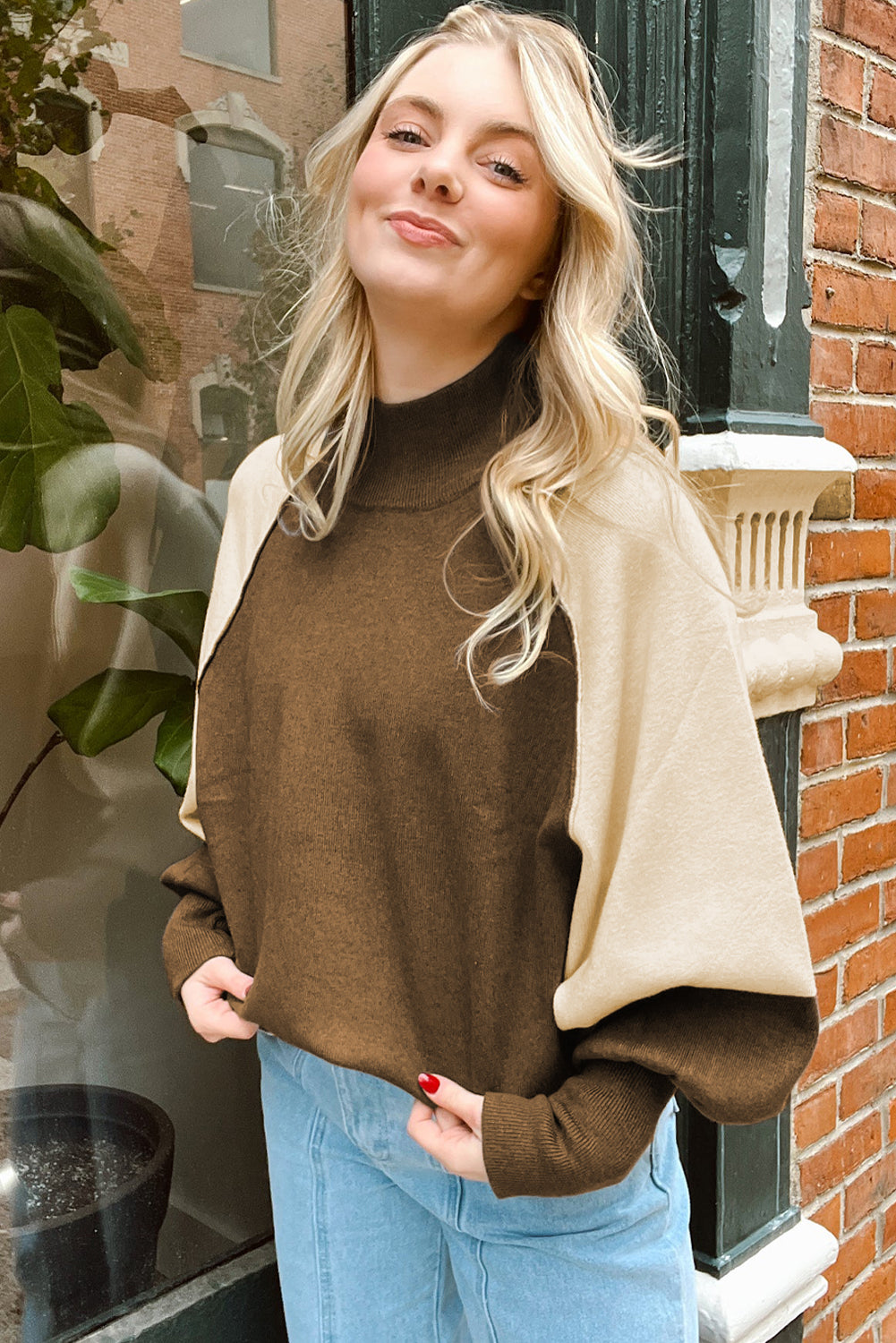 Desert Palm Colorblock Raglan Puff Sleeve Mock Neck Sweater Sweaters JT's Designer Fashion