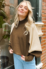 Desert Palm Colorblock Raglan Puff Sleeve Mock Neck Sweater Sweaters JT's Designer Fashion