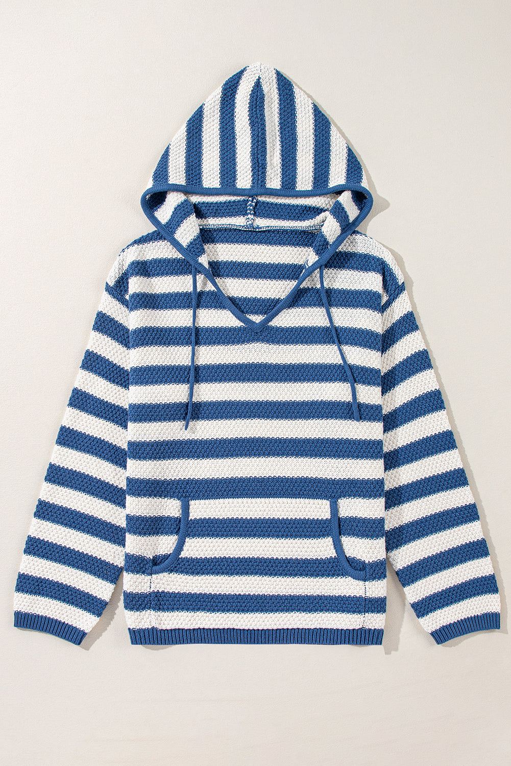 Blue Stripe V Neck Pocketed Drawstring Hooded Sweater Sweaters JT's Designer Fashion