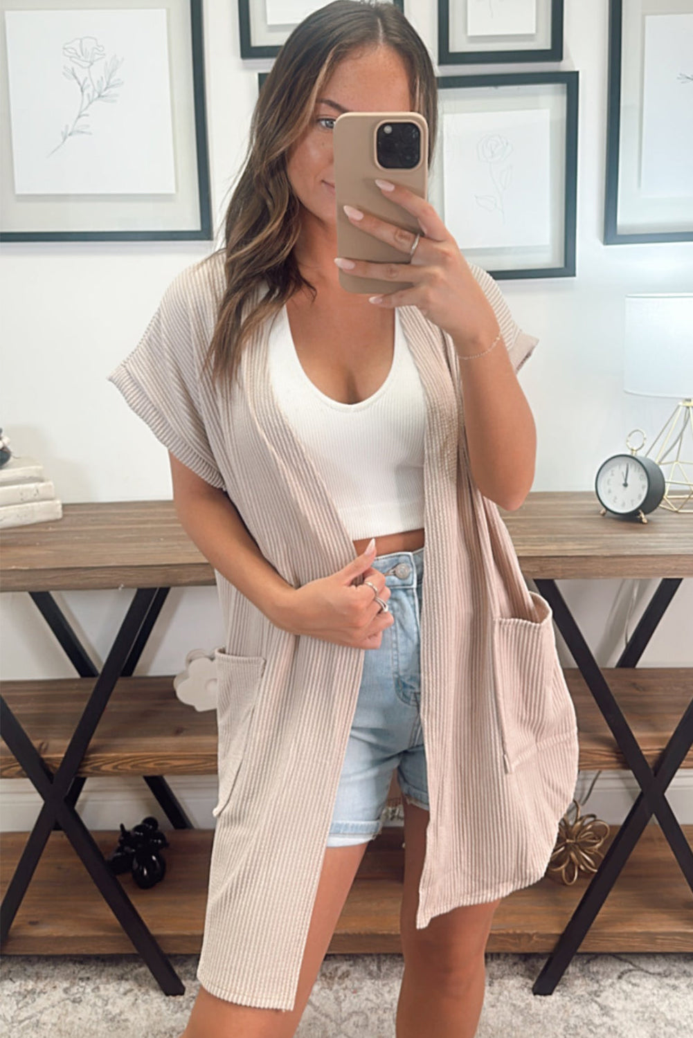 Parchment Ribbed Pocketed Short Sleeve Open Front Top Kimonos JT's Designer Fashion