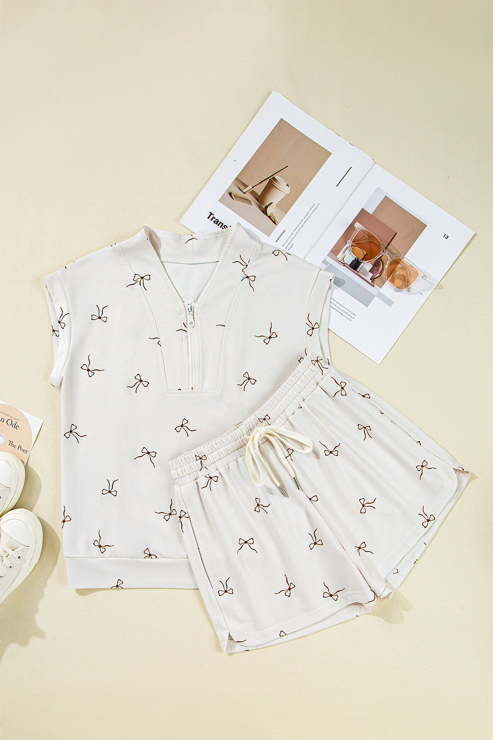 Beige Bow Print Half Zip Tank and Shorts 2pcs Set Short Sets JT's Designer Fashion