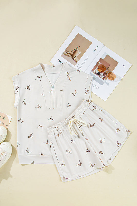 Beige Bow Print Half Zip Tank and Shorts 2pcs Set Short Sets JT's Designer Fashion