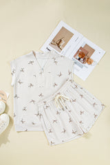Beige Bow Print Half Zip Tank and Shorts 2pcs Set Short Sets JT's Designer Fashion
