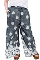 Black Plus Size Geometric Ethnic Print Drawstring Wide Leg Pants Plus Size Bottoms JT's Designer Fashion