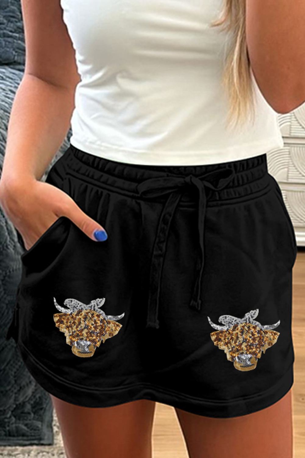 Black Sequin Heifer Patched French Terry Drawstring Skort Graphic Pants JT's Designer Fashion