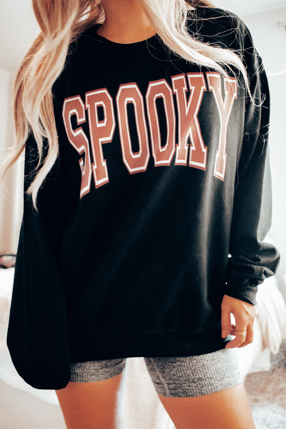 Black SPOOKY Graphic Drop Shoulder Halloween Pullover Sweatshirt Graphic Sweatshirts JT's Designer Fashion