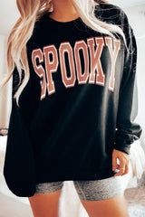 Black SPOOKY Graphic Drop Shoulder Halloween Pullover Sweatshirt Graphic Sweatshirts JT's Designer Fashion