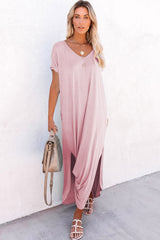 Pink V Neck Hidden Pocket Splits Maxi T-shirt Dress T Shirt Dresses JT's Designer Fashion