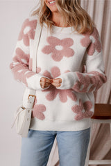 White Textured Flower Drop Shoulder Loose Sweater Sweaters JT's Designer Fashion