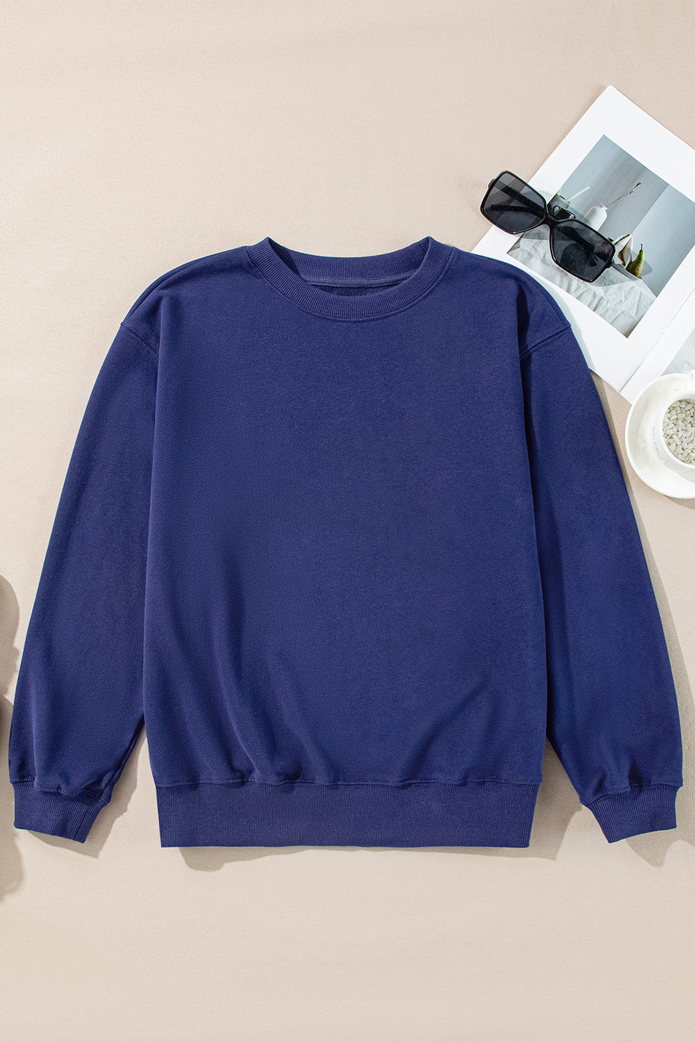 Navy Blue Plain Drop Shoulder Crewneck Pullover Sweatshirt Sweatshirts & Hoodies JT's Designer Fashion