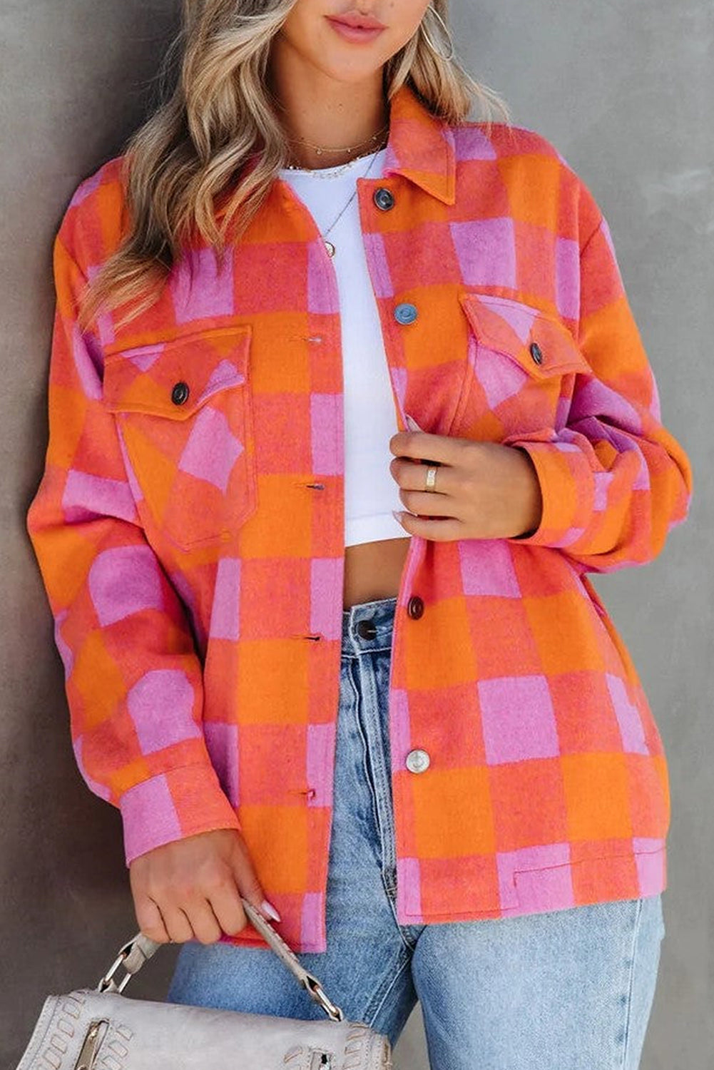 Orange Plaid Chest Pockets Button-up Turn Down Collar Jacket Orange 100%Polyester Jackets JT's Designer Fashion