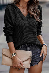 Black V Neck Ribbed Drop Shoulder Hooded Sweater Sweaters & Cardigans JT's Designer Fashion