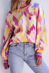 Khaki Abstract Print Colorblock Balloon Sleeve Sweater Sweaters JT's Designer Fashion