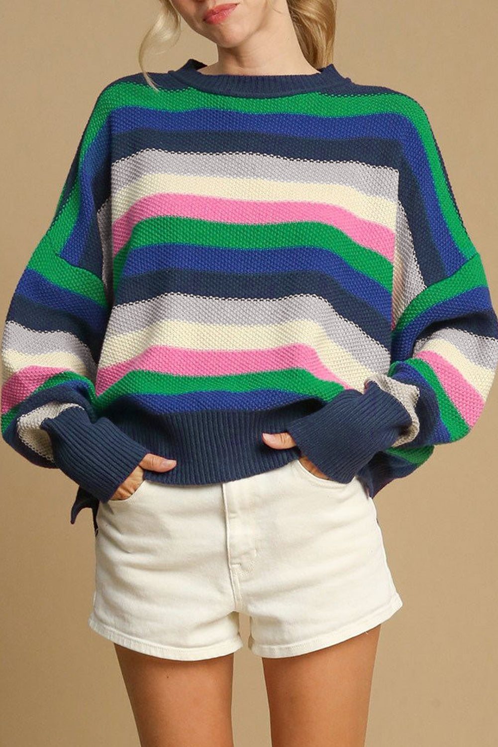 Bright Green Rainbow Striped Crew Neck Drop Shoulder Sweater Bright Green 55%Acrylic+45%Cotton Sweaters JT's Designer Fashion