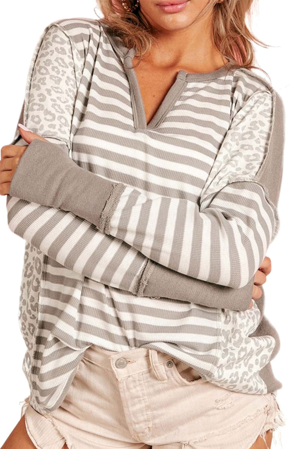 White Leopard Striped Patch Thumbhole Sleeve Top Long Sleeve Tops JT's Designer Fashion
