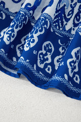 Blue Floral Puff Short Sleeve V Neck High Waist Maxi Dress Floral Dresses JT's Designer Fashion