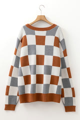 Brown Plus Size Checkered Crewneck Sweater Plus Size Sweaters & Cardigans JT's Designer Fashion