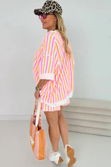 Pink Stripe Drop Shoulder Half Sleeve Loose Tee and Shorts Casual Set Short Sets JT's Designer Fashion