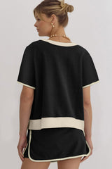 Black Colorblock Edge Drop Shoulder T Shirt and Skort 2Pcs Set Two Piece Dresses JT's Designer Fashion