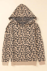 Khaki Leopard Knitted Drawstring Hooded Sweater Sweaters & Cardigans JT's Designer Fashion