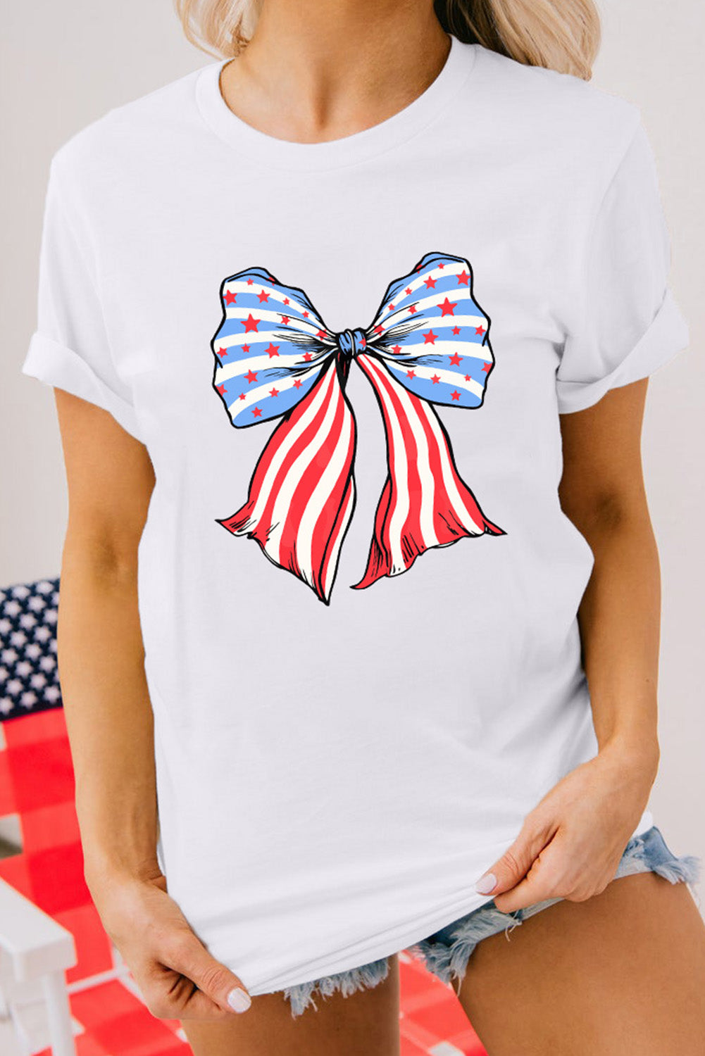 White Stripes and Stars Bowknot Print T Shirt Graphic Tees JT's Designer Fashion