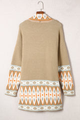 Khaki Aztec Print Open Front Knitted Cardigan Sweaters & Cardigans JT's Designer Fashion