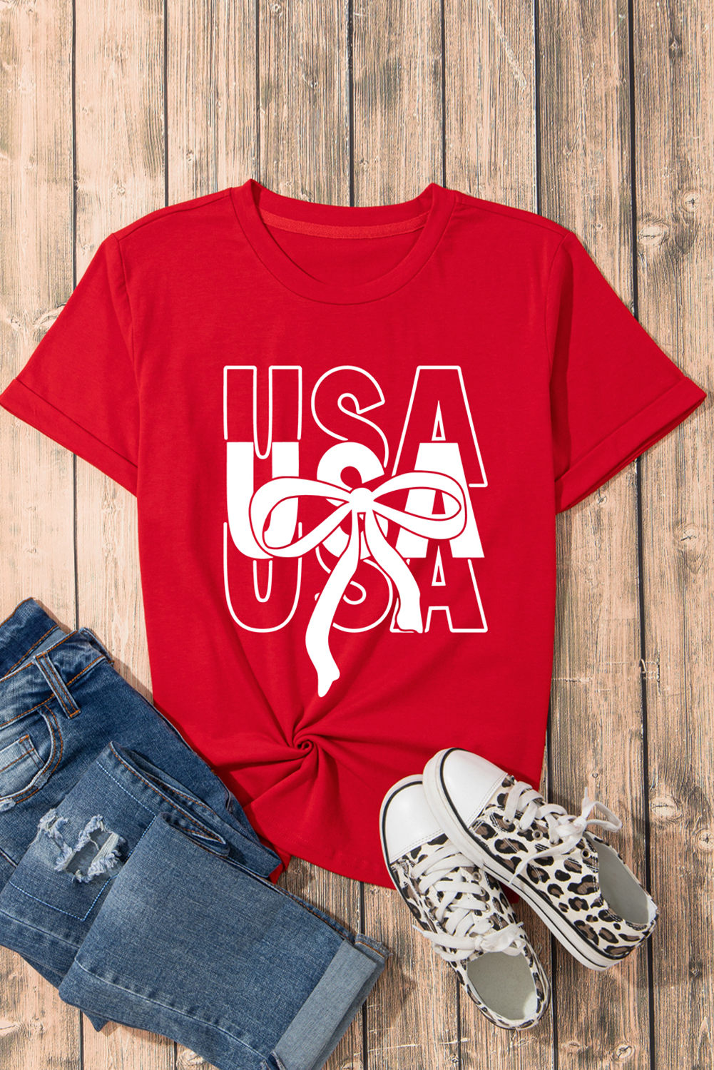 Red USA Bow Printed Casual Cotton Blend T Shirt Graphic Tees JT's Designer Fashion