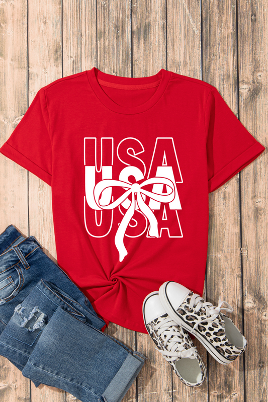 Red USA Bow Printed Casual Cotton Blend T Shirt Graphic Tees JT's Designer Fashion