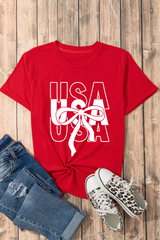 Red USA Bow Printed Casual Cotton Blend T Shirt Graphic Tees JT's Designer Fashion