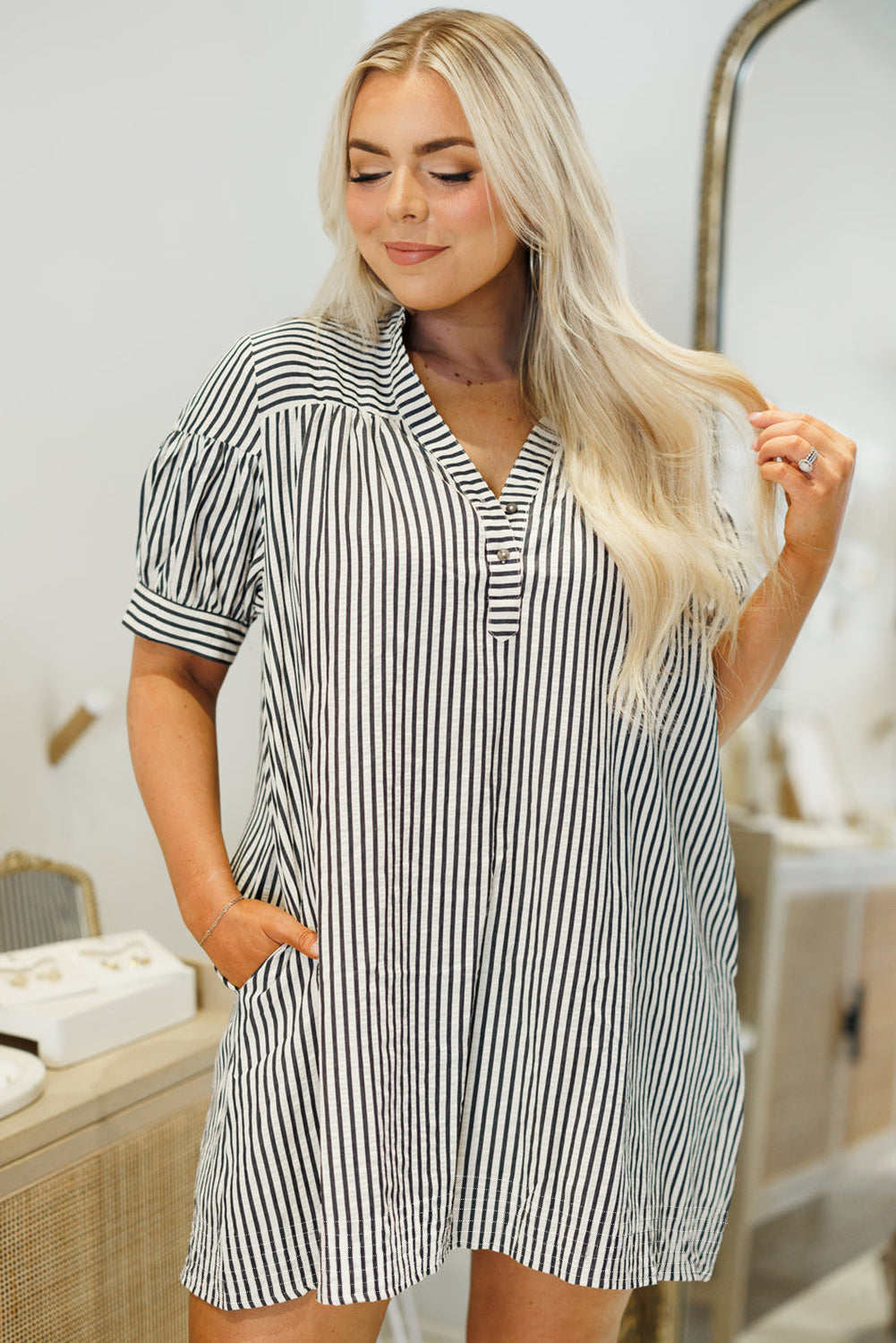 Black Stripe Short Sleeve Buttoned V Neck Pocketed Plus Size Mini Dress Plus Size Mini Dresses JT's Designer Fashion