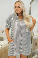 Black Stripe Short Sleeve Buttoned V Neck Pocketed Plus Size Mini Dress Plus Size Mini Dresses JT's Designer Fashion