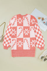 Pink Candycane Snowflake Checker Christmas Holiday Drop Shoulder Tunic Loose Sweater Sweaters JT's Designer Fashion
