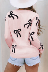 Light Pink Bow Pattern Knitted Loose Fit Sweater Sweaters JT's Designer Fashion