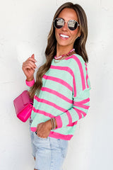 Green Stripe Round Neck Casual Sweater Sweaters JT's Designer Fashion