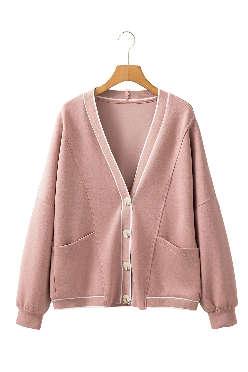 Pink Stripe Contrast Trim V Neck Buttoned Front Pocketed Knit Cardigan Cardigans JT's Designer Fashion
