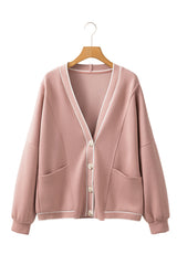 Pink Stripe Contrast Trim V Neck Buttoned Front Pocketed Knit Cardigan Cardigans JT's Designer Fashion