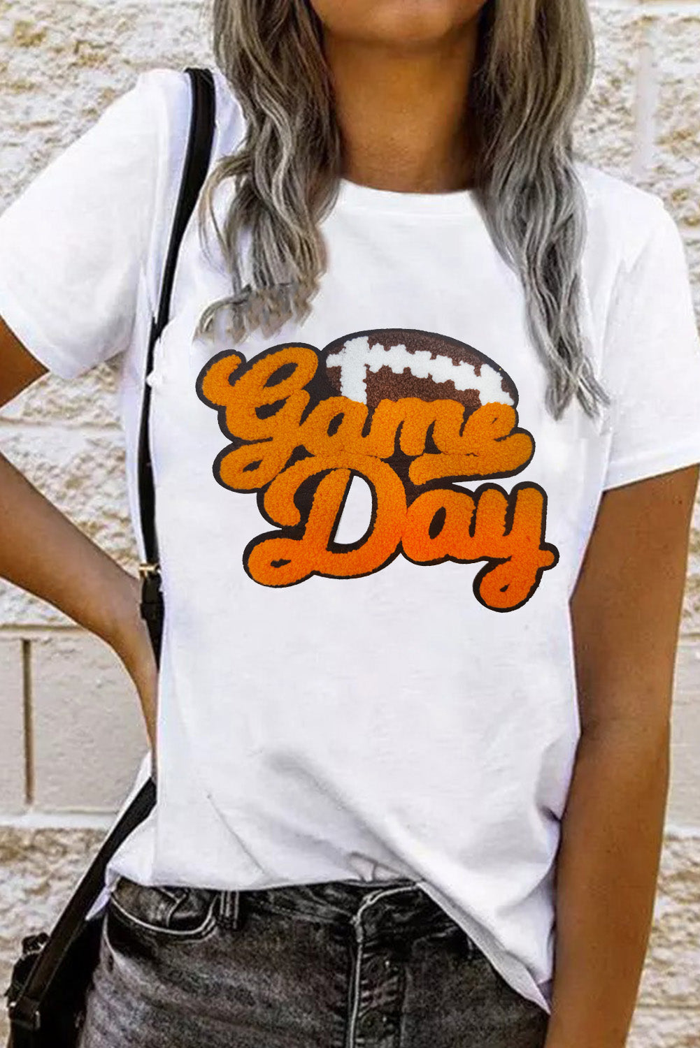 White Chenille Game Day Rugby Football Pattern Crewneck T Shirt Graphic Tees JT's Designer Fashion
