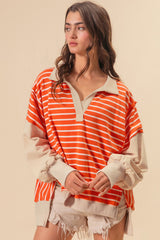 Orange Stripe Color Block Loose Fit Collared Drop Shoulder Sweatshirt Sweatshirts & Hoodies JT's Designer Fashion