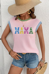 Pink Sequined MAMA Graphic Corded Rib Knit Colorblock T Shirt Graphic Tees JT's Designer Fashion