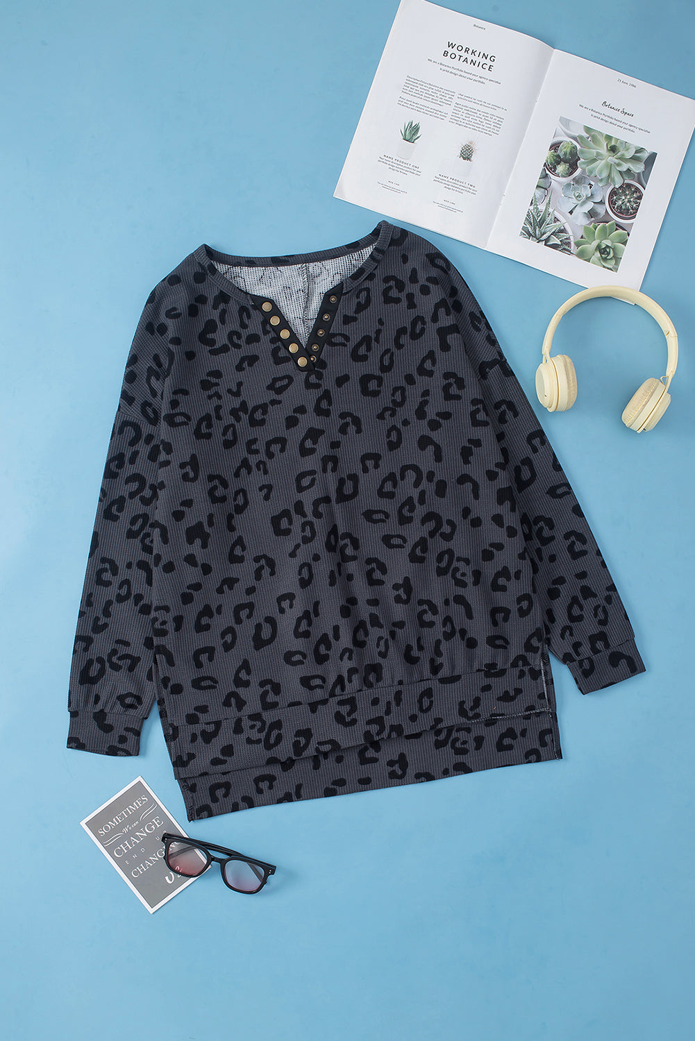 Gray Leopard Print Button Split Neck Waffle Sweatshirt Sweatshirts & Hoodies JT's Designer Fashion