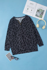 Gray Leopard Print Button Split Neck Waffle Sweatshirt Sweatshirts & Hoodies JT's Designer Fashion
