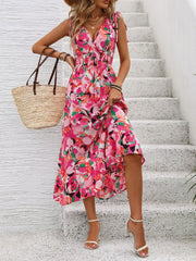 Ruffled Smocked Printed Sleeveless Dress JT's Designer Fashion