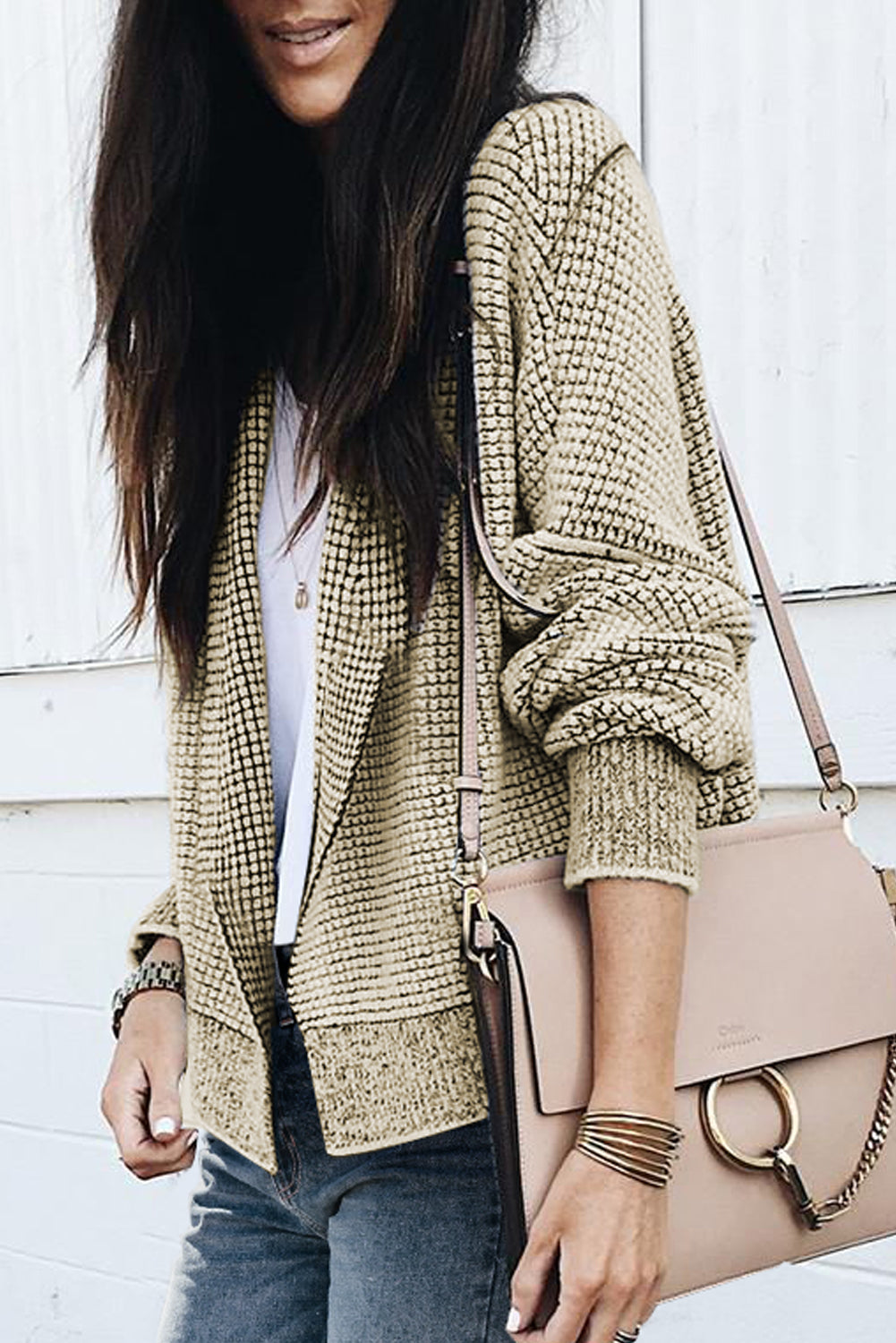 Apricot Plaid Contrast Trim Open Front Cardigan Sweaters & Cardigans JT's Designer Fashion