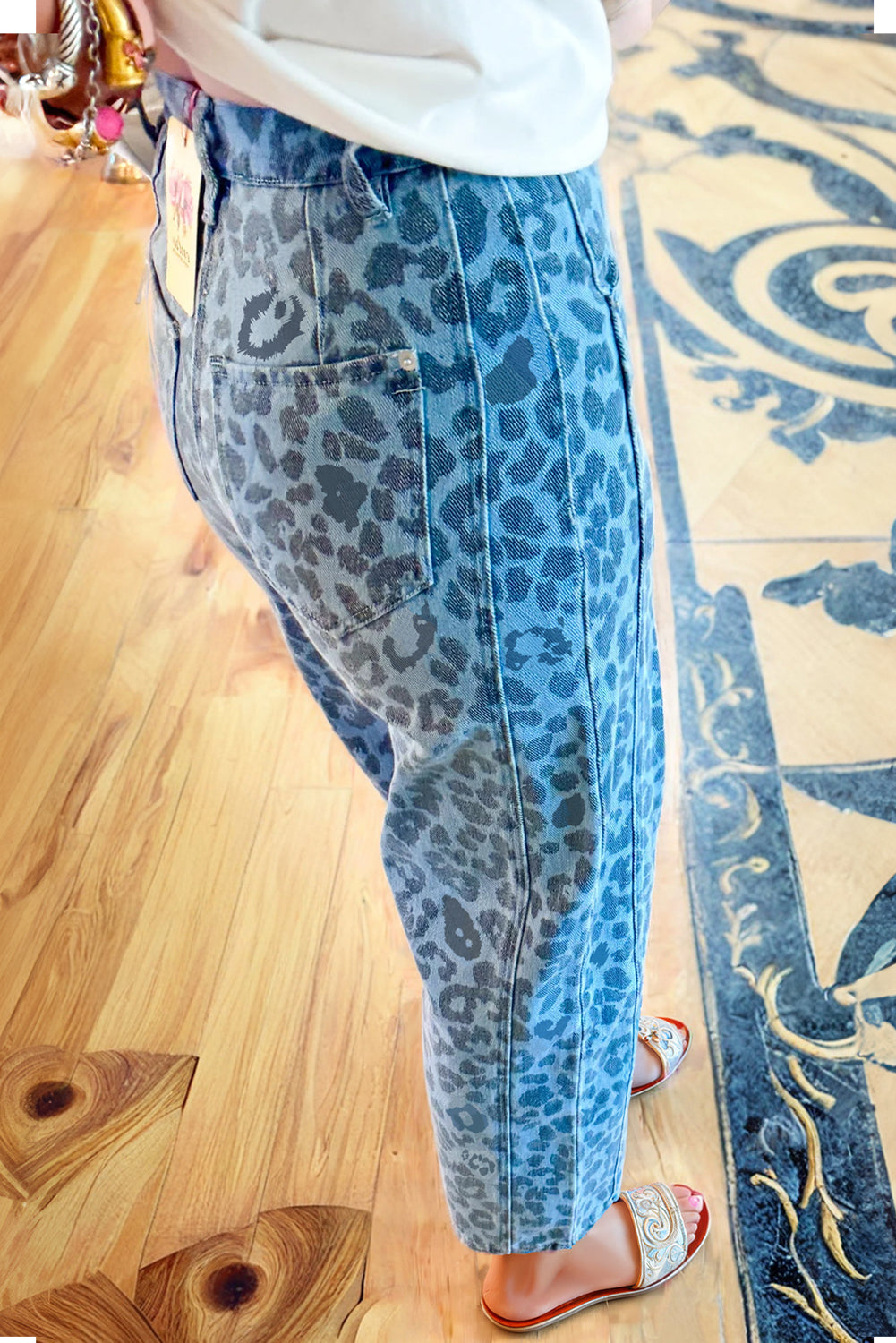 Sky Blue Leopard Print Straight Loose Jeans Jeans JT's Designer Fashion